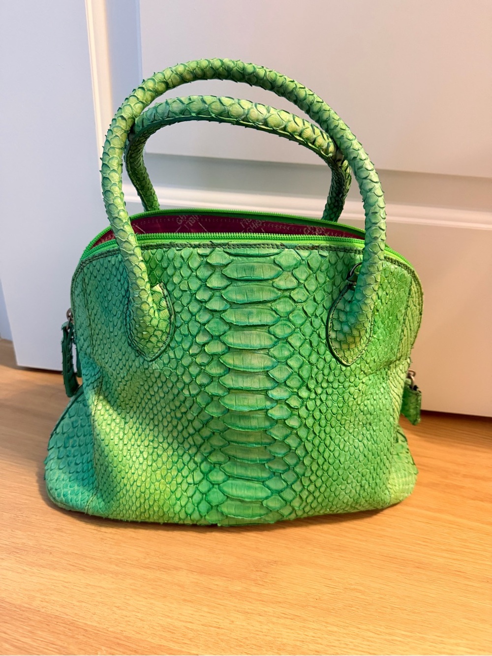 Green Python-Embossed Leather Tote - Picture 3 of 11